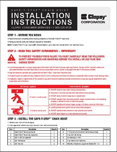installation instructions for a Safe-T-Stop Chain by Clopay Corporation