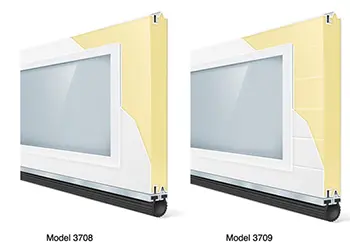 Two models of full-view aluminum garage doors
