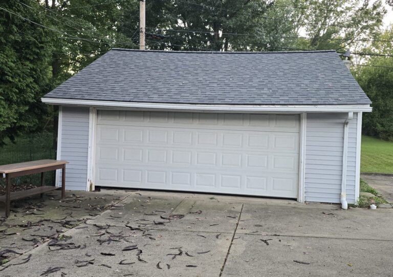 Detached garage with an old door before repair