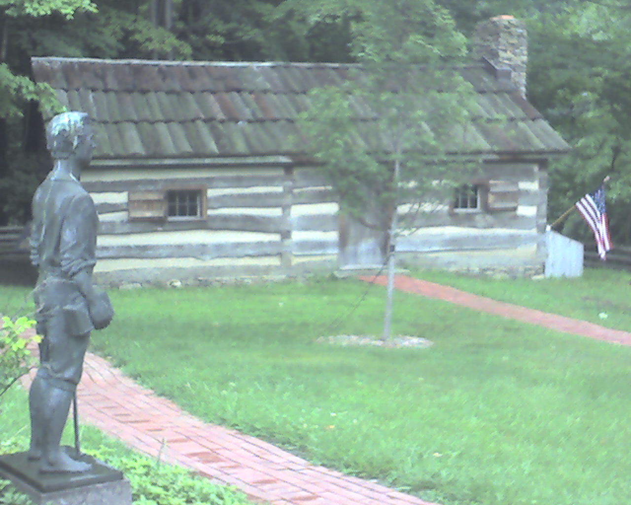 Moreland Hills, Ohio: log cabin replica and statue at President James Garfield's birthplace