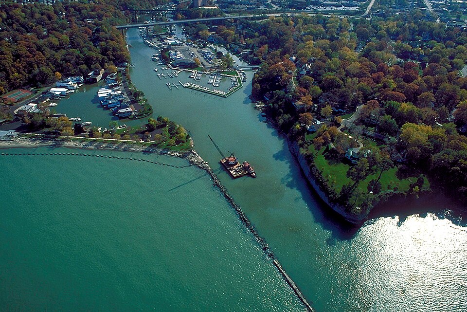 Rocky River, Ohio: aerial view of the harbor where the river meets Lake Erie