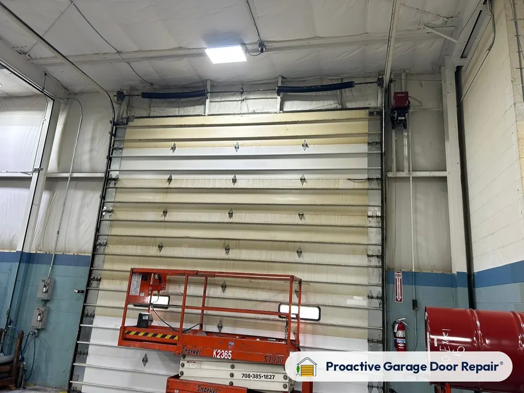 Tall commercial overhead door inside a service building