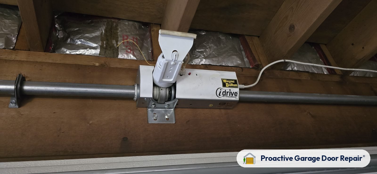 Garage door opener and rail in a customer garage, Proactive Garage Door Repair job in Lakewood, Ohio