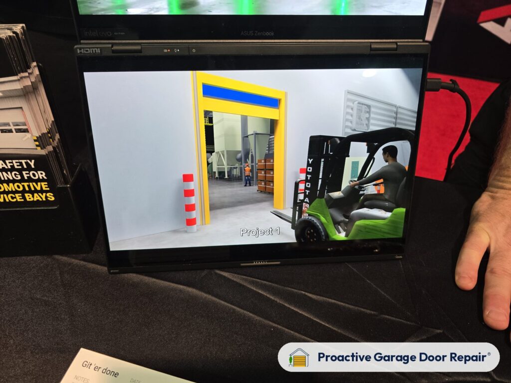Tablet demo showing a forklift driving through a commercial door opening
