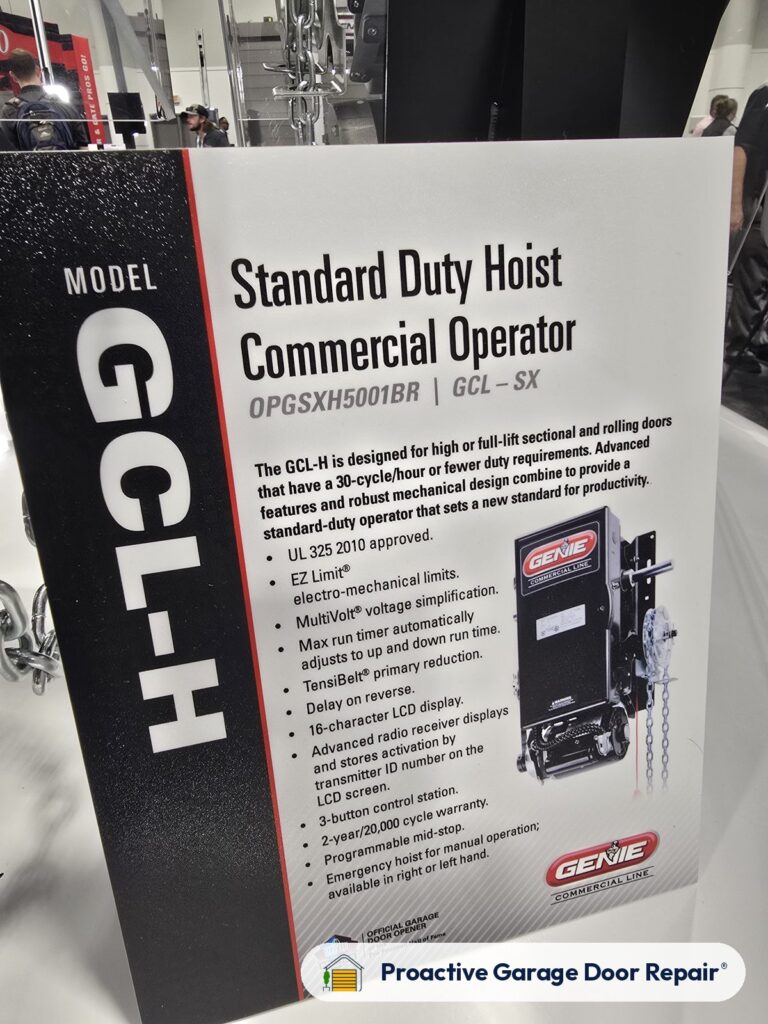 Genie GCL-H standard duty hoist commercial door operator sign at the IDA Expo 2026