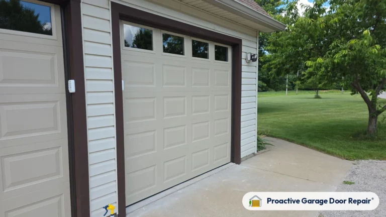 New almond raised panel garage door with top windows installed by Proactive Garage Door Repair