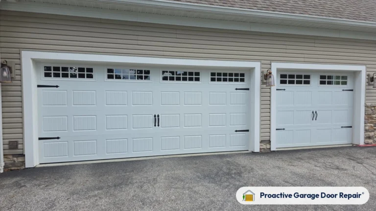 New white carriage house garage doors with black hardware installed by Proactive Garage Door Repair